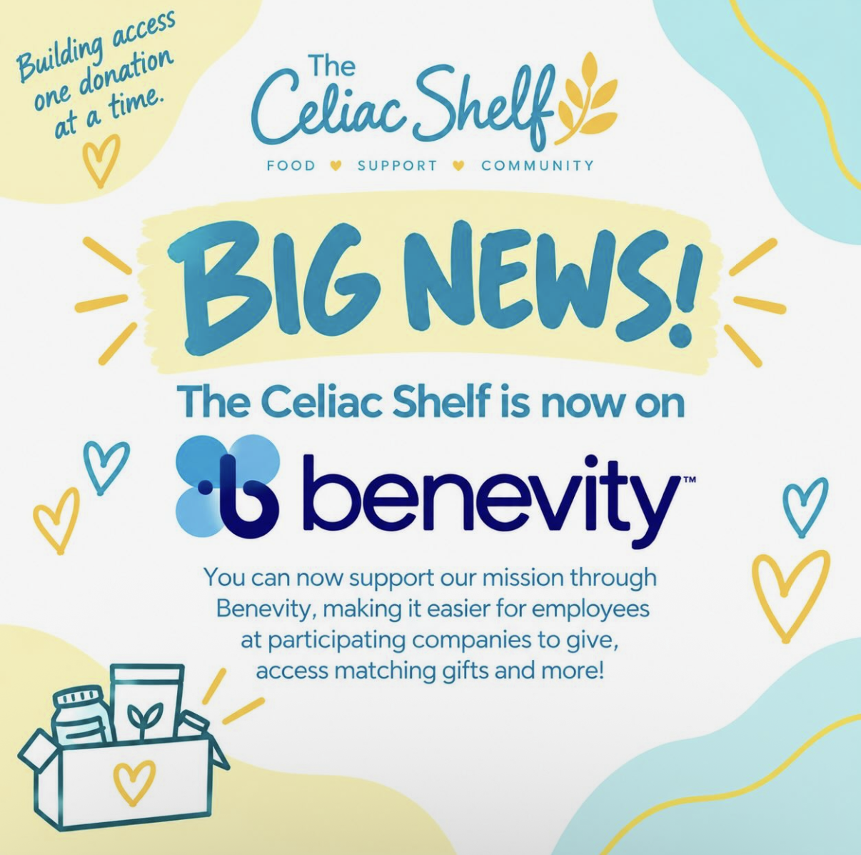 Announcement that The Celiac Shelf is now on Benevity, so employees at participating companies can give, access matching gifts, and more