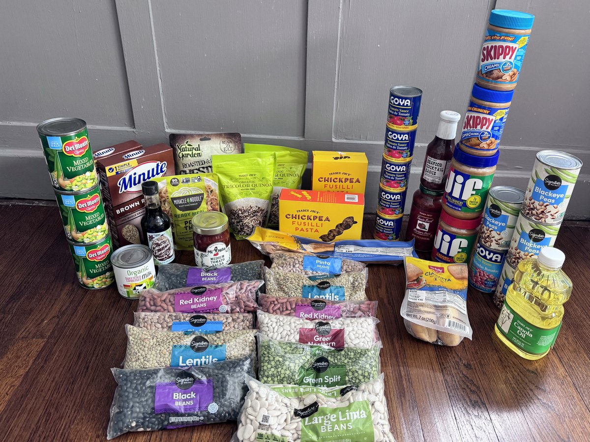 Canned vegetables, tomato sauce, peanut butter and bags of dried beans and lentils