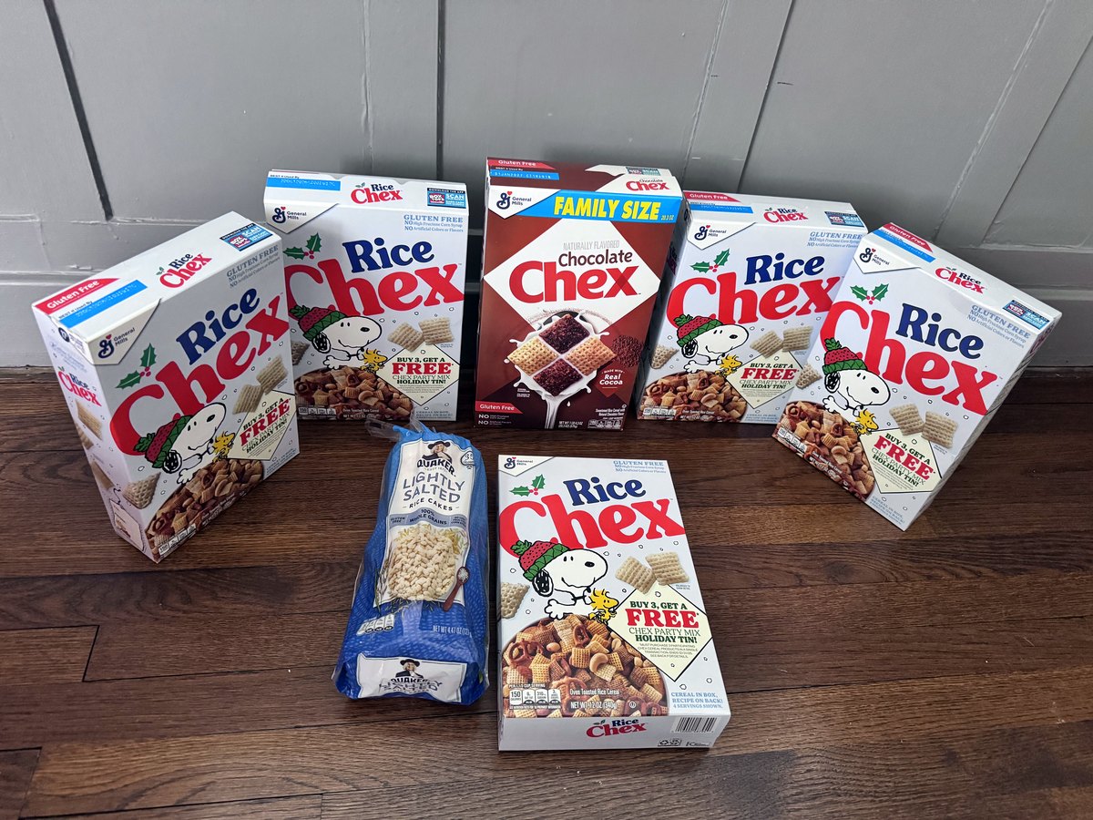 Boxes of gluten-free rice cereal and rice cakes collected at a drive